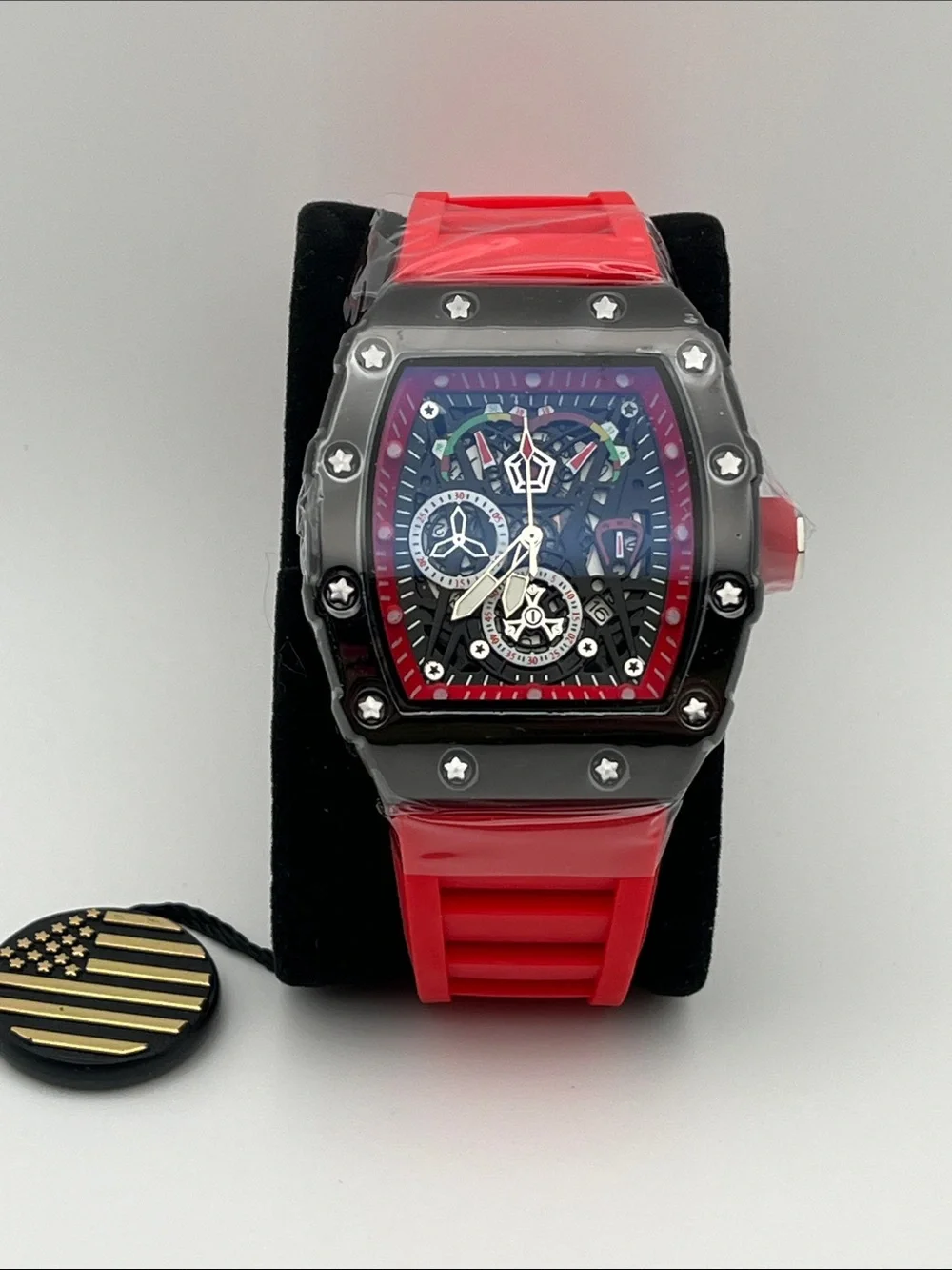 Red Skeleton-Style Sport Watch with Black Bezel